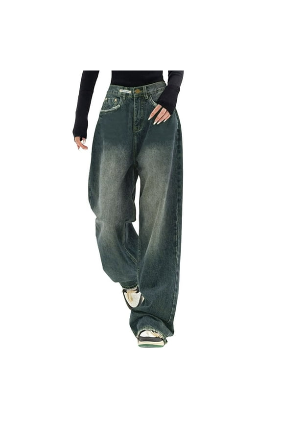 Womens Pants High Waist Women Pants New Wash Jean Leggings with Pockets Womens 14 Tall Long Stilt Women Baggy Jeans Trousers With High Waist E Girl Style Streetwear Fashion Denim Loose Straigh Blue XL