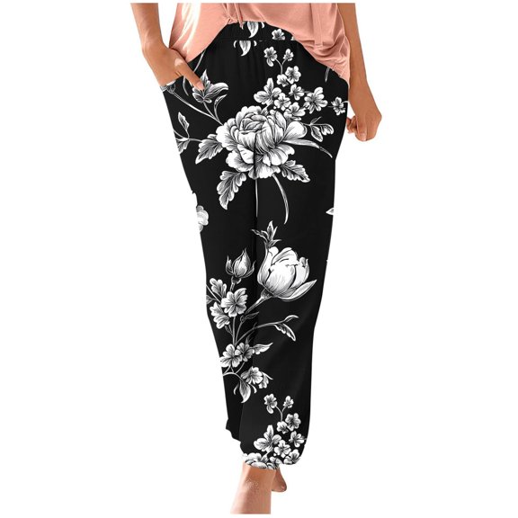 Womens Pants High Waisted Casual Elastic Waist Floral Printed Boho Beach Lightweight Loose Pockets Pants Black 2XL