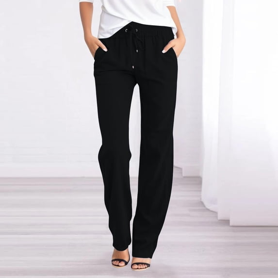 Womens Pants High Waisted Solid Color Straight Waist Long Casual Elastic Drawstring Pockets Pant Daily-Wear