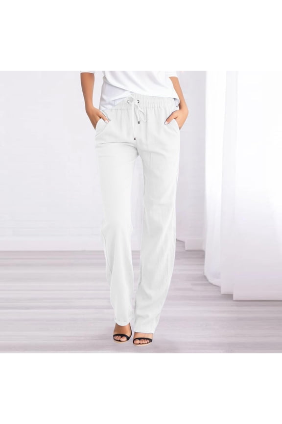 Womens Pants High Waisted Solid Color Straight Waist Long Casual Elastic Drawstring Pockets Pant Streetwear