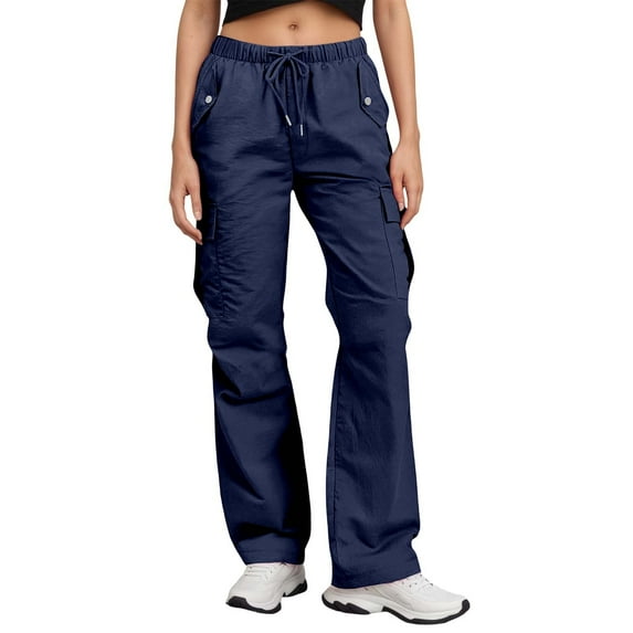 Womens Pants High Waisted Wide Leg Cargo Pants with Multi Pockets Comfortable Loose Fit Solid Color Slacks for Women Navy L