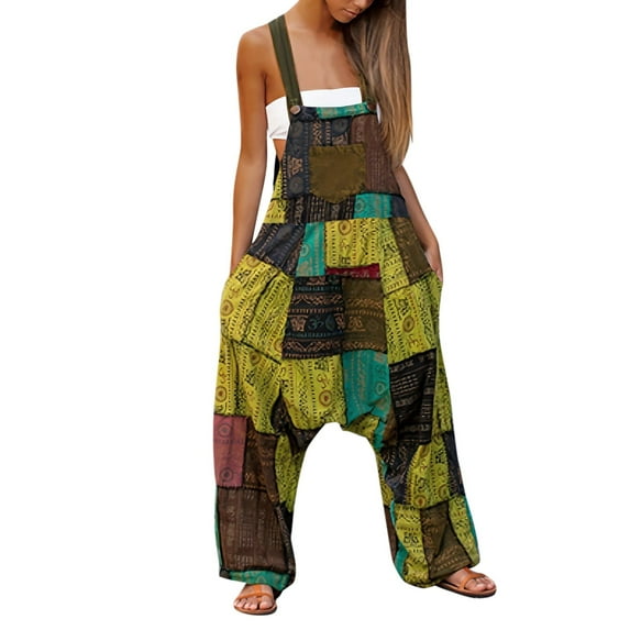 Womens Pants Hippie Patchwork Print Sleeveless Baggy Harlan Pocket Suspenders Green Womens Trousers S
