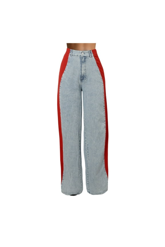 Womens Pants Jeans with Patchwork Stripes Loose Denim Color Block Wide Leg Navy Trousers Pants for Women XXL