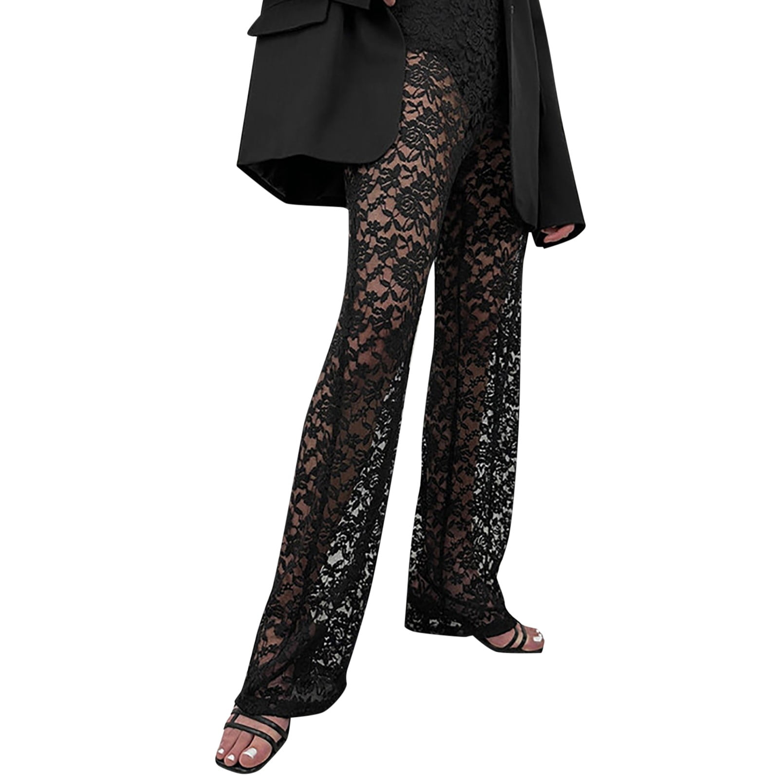 パンツ Patchwork Lace Pants 38 Womens Pants Lace See Through High Waisted Patchwork Long