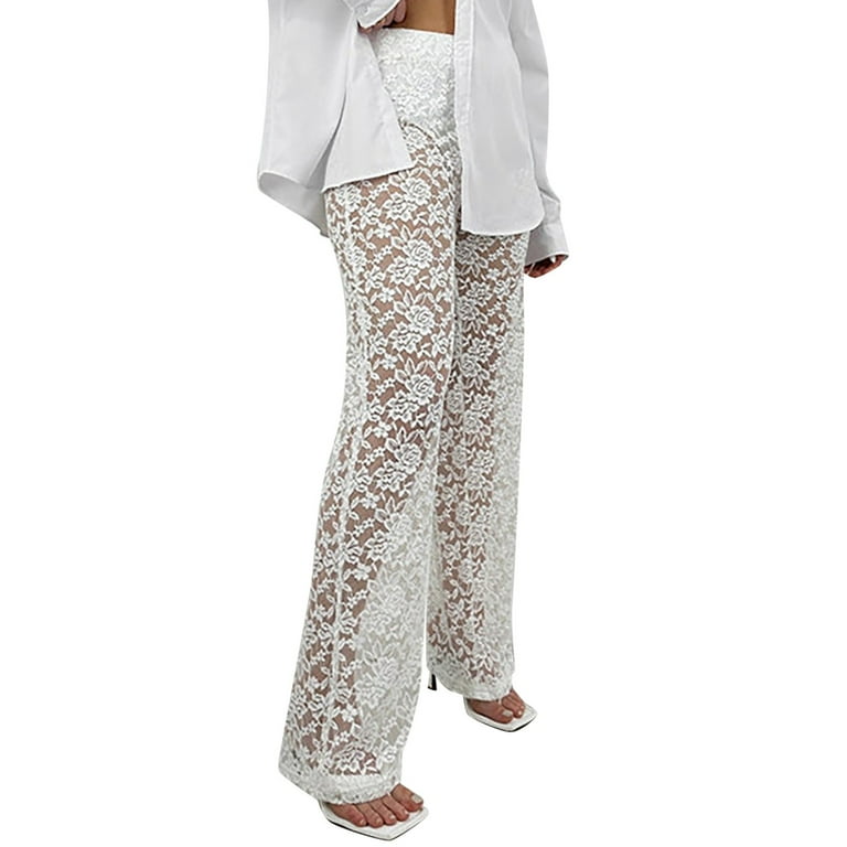 Womens Pants Lace See Through High Waisted Patchwork Long