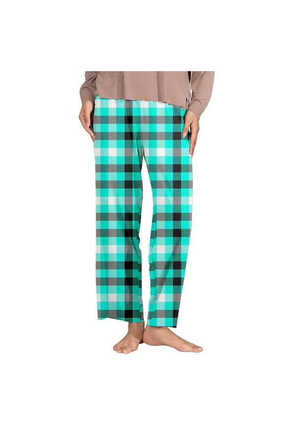 Womens Pants Ladies Classic Plaid Elastic Waist Side Pockets Trousers Leisure Home Pant Womens Slacks Mint Green M