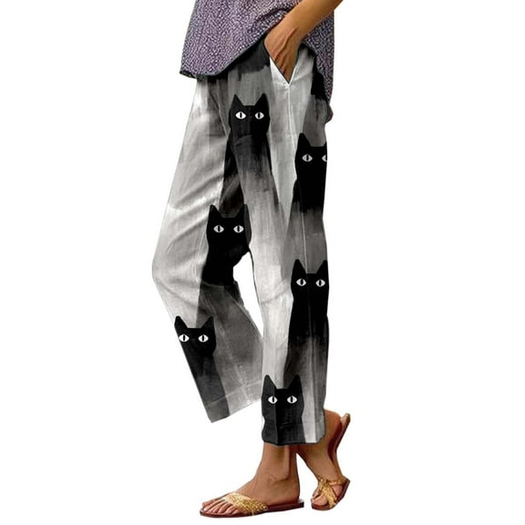 Womens Pants Leisure Summer Cat Printed with Pocket Trendy Wide Leg Gray Trousers Pants for Women L