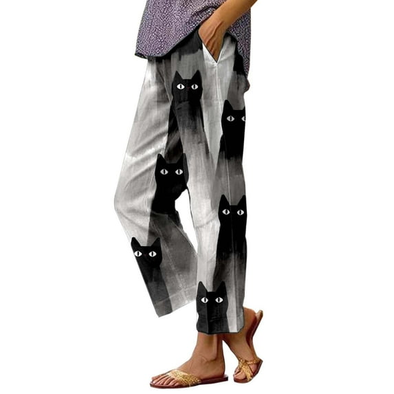 Womens Pants Leisure Summer Cat Printed with Pocket Trendy Wide Leg Gray Trousers Pants for Women L
