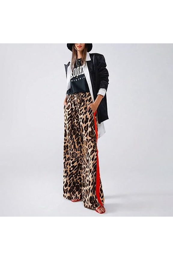 Womens Pants Leopard Print Side Stripes Straight Leg Thin Drawstring Pants Summer Loose Casual Brown M