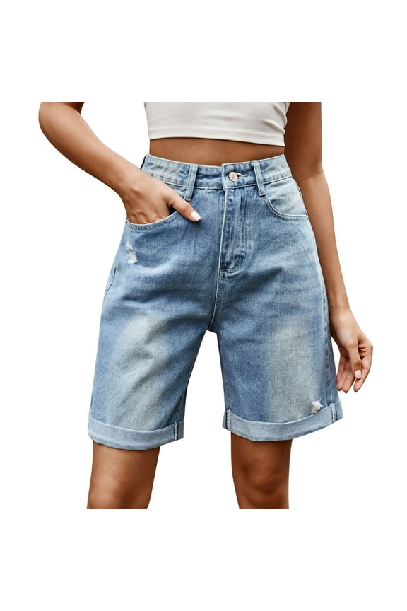 Womens Pants Long Stilt Pants Womens Tall Size 20 for Women High Waist Denim Temp Life Leggings Women Pornographic Straight Tube To Make Old Rolling Edge Five Point Casual Comfort Trend Fashion Blue L