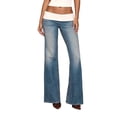 thumbnail image 1 of Womens Pants Low Rise Wide Leg Jeans with Washable Denim Patchwork and Fold Over Detail Trousers, 1 of 6
