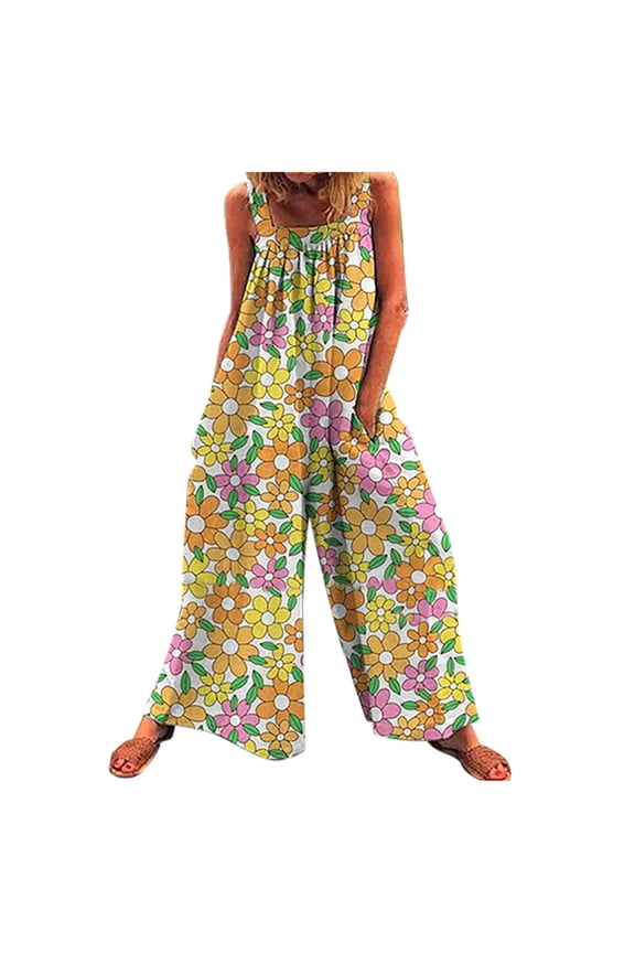 Womens Pants Overalls Rompers Print Buttons Suspender Jumpsuit