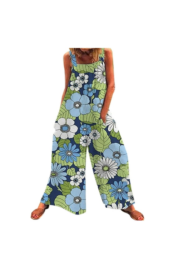 Womens Pants Overalls Rompers Print Buttons Suspender Jumpsuit
