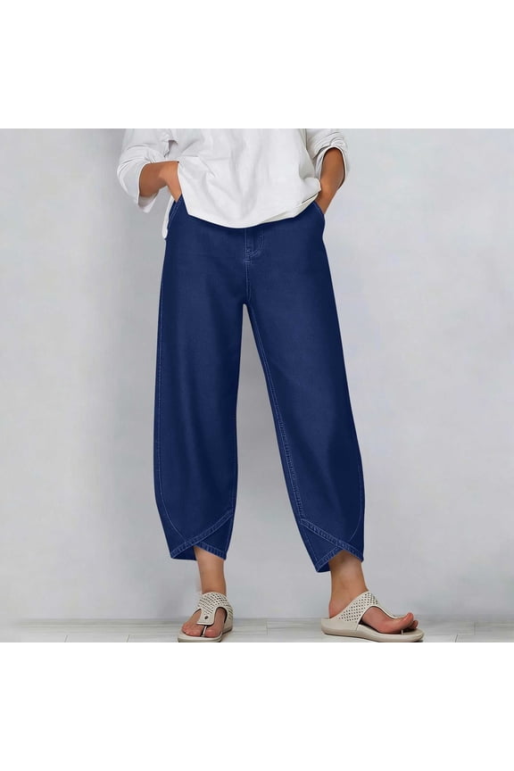 Womens Pants Petal-patterned Hem Pocket Solid Color Casual Loose Cropped Pants Navy S