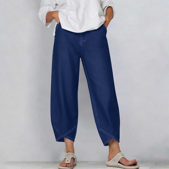 Womens Pants Petal-patterned Hem Pocket Solid Color Casual Loose Cropped Pants Navy S