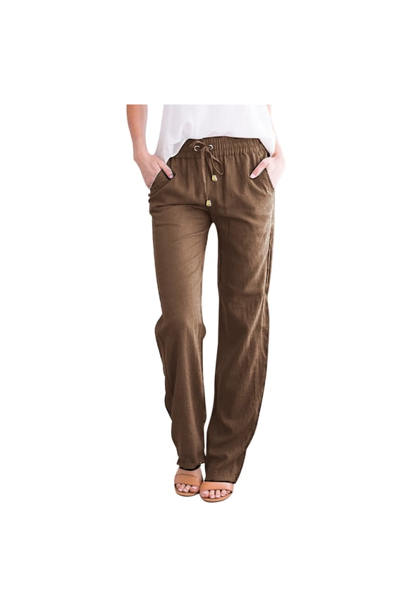 Womens Pants Petite Length Loose Cotton Linen with Pocket Solid Trousers Pants Pants for Women Wide Leg Pants Linen Pants for Beach Vacation Day to Night Everyday Wear 6-Khaki L