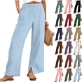 thumbnail image 1 of Womens Pants Plus Size Linen Summer Pants for Women Solid Color Loose Straight Womens Wide Leg Pants With Pockets Casual Pants Light Blue-XXXXL, 1 of 9