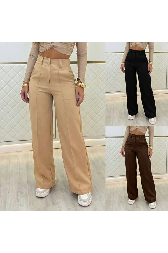 Womens Pants Plus Size Solid Color Wide Leg Trousers Minimalist Double Button Front High Waist Casual Palazzo Pants
