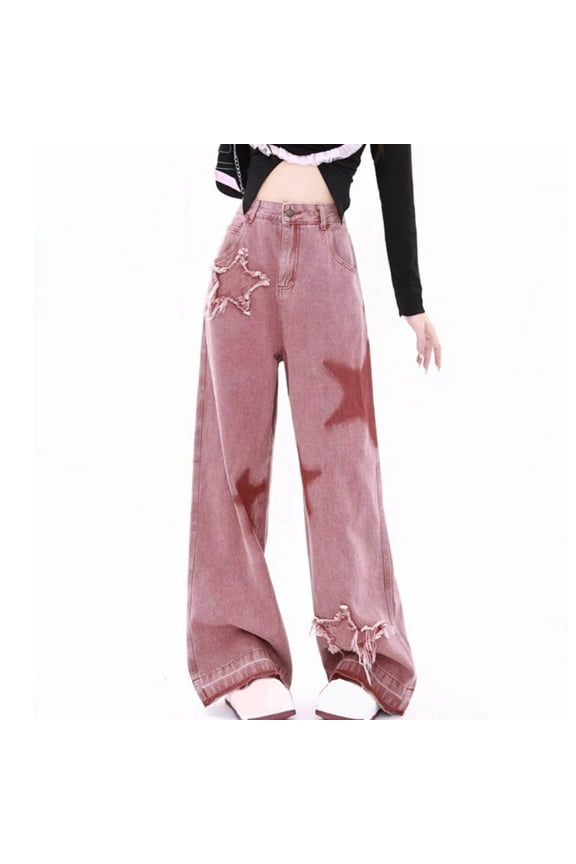 Womens Pants Plus Size Straight Wide Leg Baggy Jeans High Waist Stretch Casual Loose Patchwork Jeans Trendy Jeans Pants with Pockets,Hot Pink,M