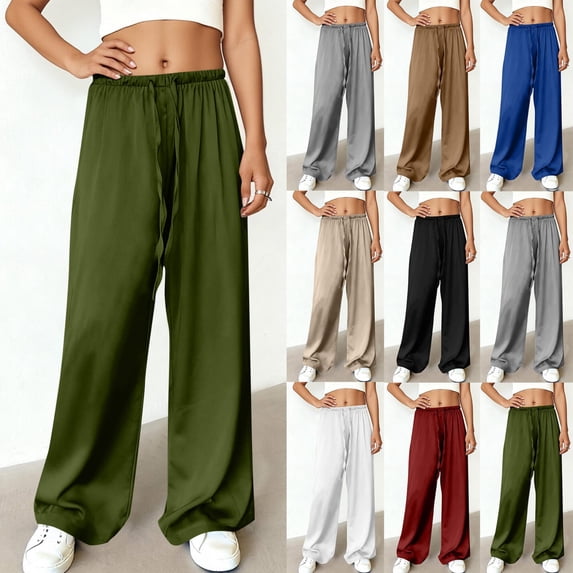 Womens Pants Plus Size Womens Wide Leg Pants Solid Color Pants for Women Elastic Waist Casual Pants With High Elasticity Loose Athletic Pants Army Green-XL
