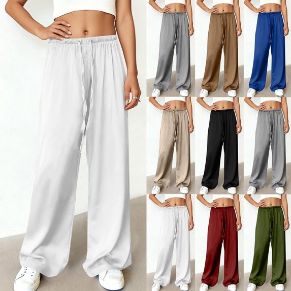 Womens Pants Plus Size Womens Wide Leg Pants Solid Color Pants for Women Elastic Waist Casual Pants With High Elasticity Loose Athletic Pants White-XL