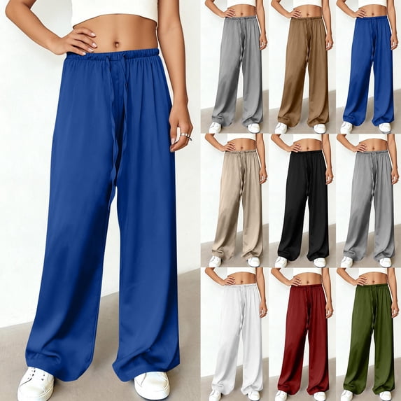 Womens Pants Plus Size Womens Wide Leg Pants Solid Color Pants for Women Elastic Waist Casual Pants With High Elasticity Loose Athletic Pants Blue-XL