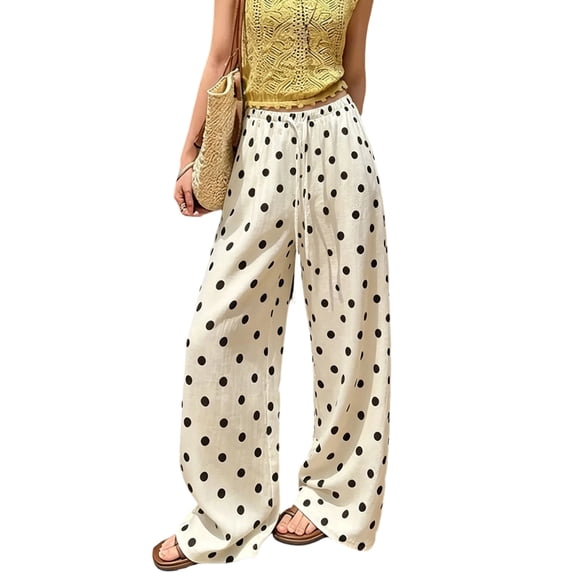 Womens Pants Polka Dot Linen Blend Wide Leg Pants Drawstring Elastic Waist Loose Casual Summer Lounge Trousers