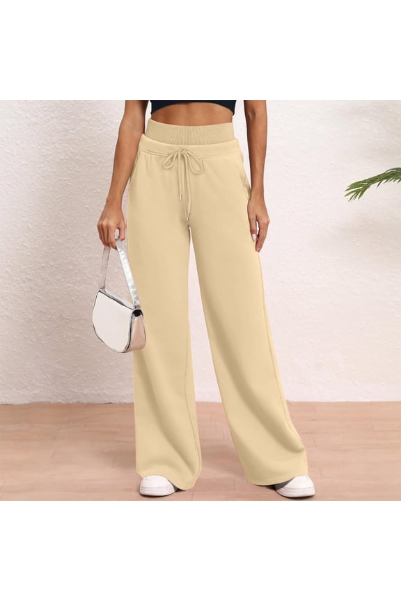 Womens Pants, Ribbed Elastic High Waist Drawstring Wide Leg Sweatpants Side Pocket Loose Flowy Casual Sports Lounge Daily Street Wear Full Length Trousers, Beige L