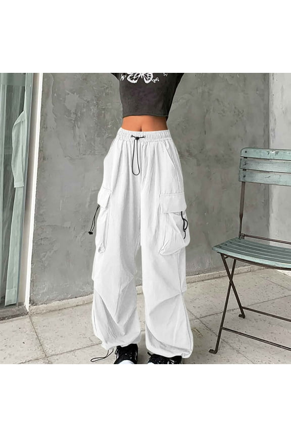 Women Pants Womens Cargo Pants Sawvnm Casual Solid Comfortable Elastic High Waist Casual Pocket Drawstring Length Pants for Women White 3XL