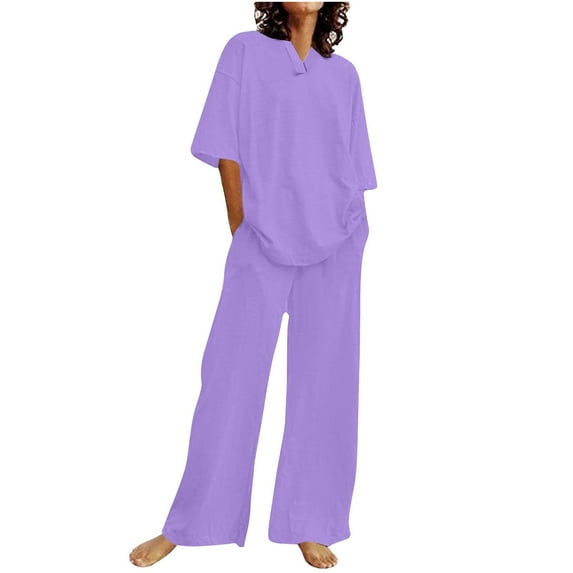 Womens Pants Set Clearance Sales Casual Linen Sets 2 Piece Outfits V-Neck Short Sleeve Summer Tops and Wide Leg Pants Matching Set Tracksuits Trendy Beach Vacation Outfit Sets Purples XXL