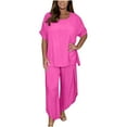thumbnail image 1 of Womens Pants Sets Cool Silk Lightweight Plus Size Short Sleeve Crewneck Top & Wide Leg Trousers Flowy Suits S-5XL (3XL, Hot Pink), 1 of 5