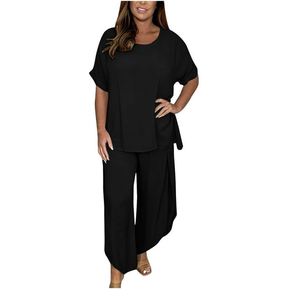 Womens Pants Sets Cool Silk Lightweight Plus Size Short Sleeve Crewneck Top & Wide Leg Trousers Flowy Suits S-5XL (4XL, Black)