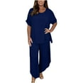 thumbnail image 1 of Womens Pants Sets Cool Silk Lightweight Plus Size Short Sleeve Crewneck Top & Wide Leg Trousers Flowy Suits S-5XL (4XL, Dark Blue), 1 of 5