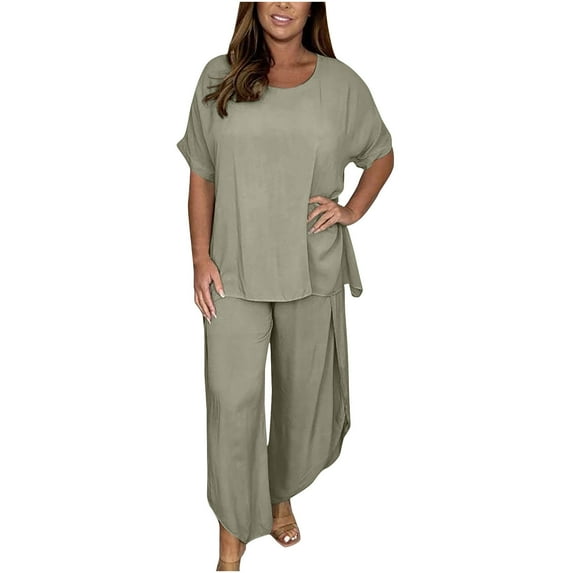 Womens Pants Sets Cool Silk Lightweight Plus Size Short Sleeve Crewneck Top & Wide Leg Trousers Flowy Suits S-5XL (Large, Khaki)