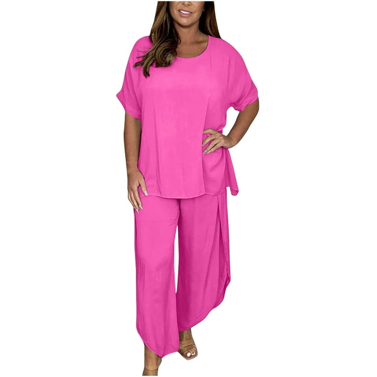 Womens Pants Sets Cool Silk Lightweight Plus Size Short Sleeve Crewneck Top  & Wide Leg Trousers Flowy Suits S-5XL (Small, Hot Pink)