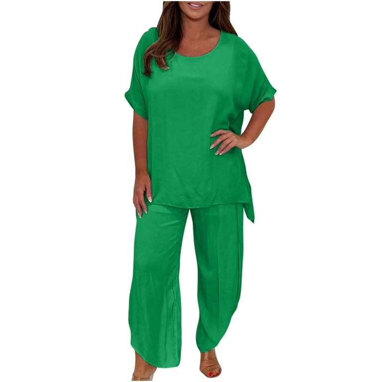 Womens Pants Sets Cool Silk Lightweight Plus Size Short Sleeve Crewneck Top  & Wide Leg Trousers Flowy Suits S-5XL (X-Large, Green)