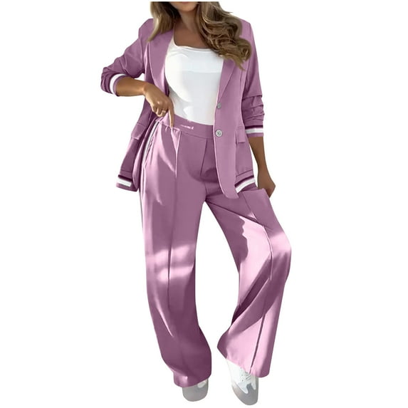Womens Pants Sets Dressy Casual 2 Piece Outfits Ribbed Cuffs Long Sleeve Button Up Suit Blazers and Wide Leg Pant (3XL, Pink)