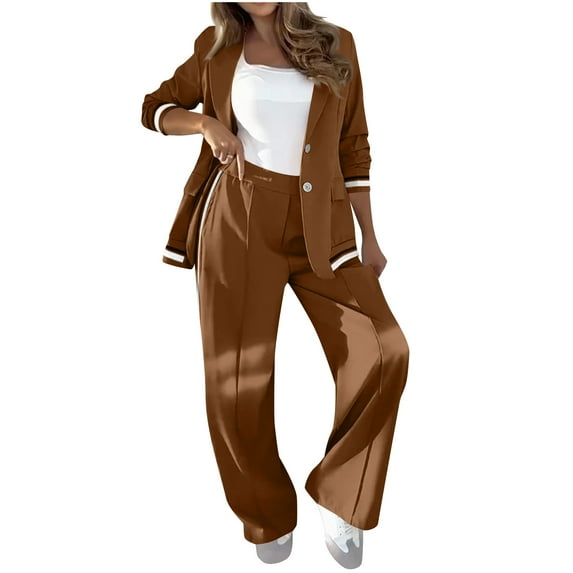Womens Pants Sets Dressy Casual 2 Piece Outfits Ribbed Cuffs Long Sleeve Button Up Suit Blazers and Wide Leg Pant (M, Brown)