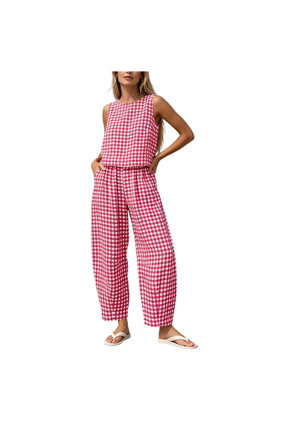 Womens Pants Sets Gingham Plaid Tank Tops With Wide Leg Cropped Pants 2 Piece Casual Beach Lounge Sets Summer Vacation Outfits