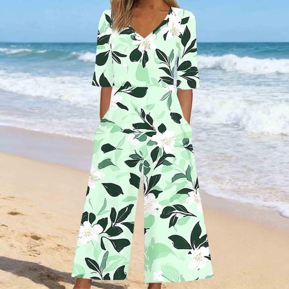 Womens Pants Short Sleeved V-neck Summer Floral Print Casual Back Zipper Side Pocket Jumpsuit Pants Green M