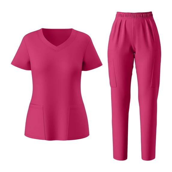 Womens Pants Short-sleeved V-neck Solid Color Pocket Trousers Loose-fitting Scrubs Set for Women Pink L
