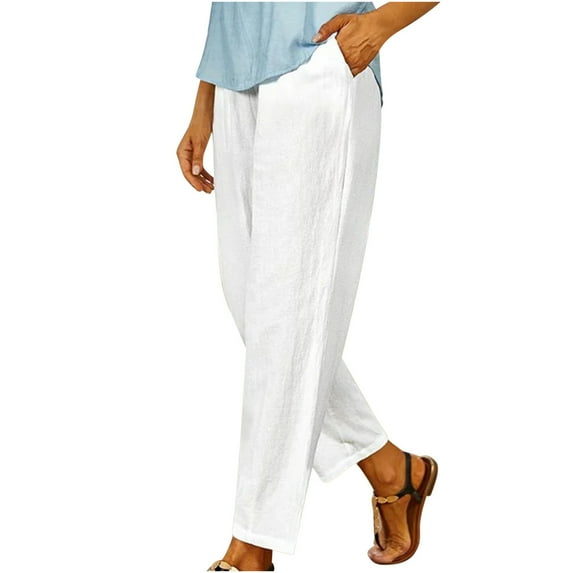 Womens Pants Solid Color Elastic Waist Linen Versatile Straight Casual Nine Point Wide Leg Pant Workwear