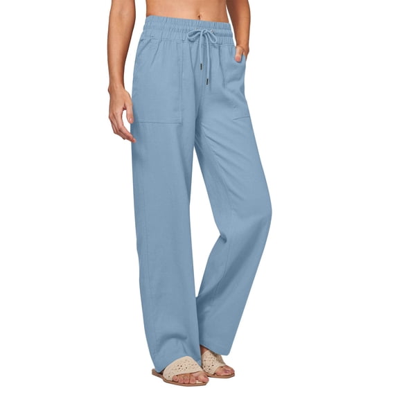 Womens Pants Solid Color Vacation Women's Linen Long Pants With side pockets Joggers Wide Leg Drawstring Waist Pocket Lounge Pants Lightweight Travel Outfit Summer Beach Lightweight Pants for Women
