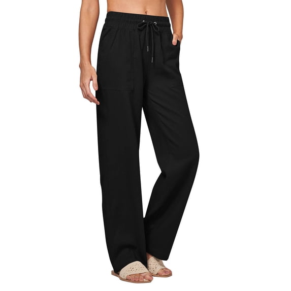 Womens Pants Solid Color Vacation Women's Linen Long Pants With side pockets Joggers Wide Leg Drawstring Waist Pocket Lounge Pants Lightweight Travel Outfit Summer Beach Lightweight Pants for Women
