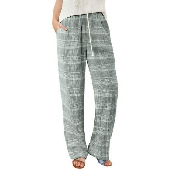 Womens Pants Spring Summer Checkered Pajama Pants Knitted Loose Home Trousers Linen Pants Women Light Green XL