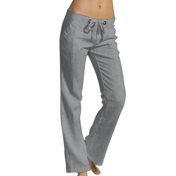Womens Pants Straight Leg High Waist Linen Pants Thin Breathable Elastic Waist Trousers Loose Spring Summer Grey L