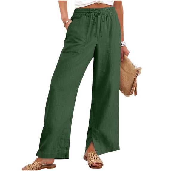 Womens Pants Straight Leg Pants with Pockets Summer Solid Color Loose Side Slit Buttons Pants Army Green S