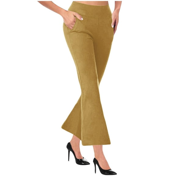 Womens Pants Streetwear Trendy Temperament Elegant Knitted Pull Slim Flare Work Business Solid Color Trousers with Pockets,Khaki,2XL