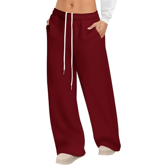 Womens Pants Stretch Fashion Drawstring Elastic Waist Solid Color Casual Running Sweatpants With Pockets Workout Womens Pants Wine M