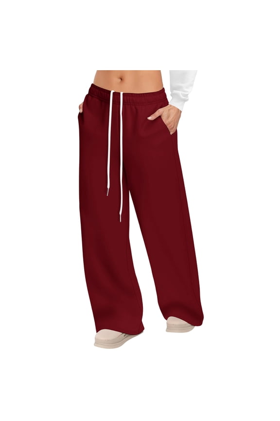 Womens Pants Stretch Fashion Drawstring Elastic Waist Solid Color Casual Running Sweatpants With Pockets Workout Womens Pants Wine M